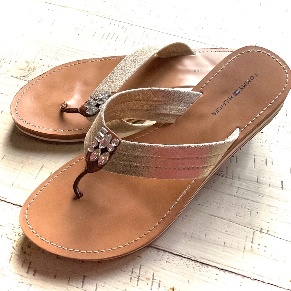 Tommy Hilfiger gold rhinestone thong sandals, 8.5 very nice.